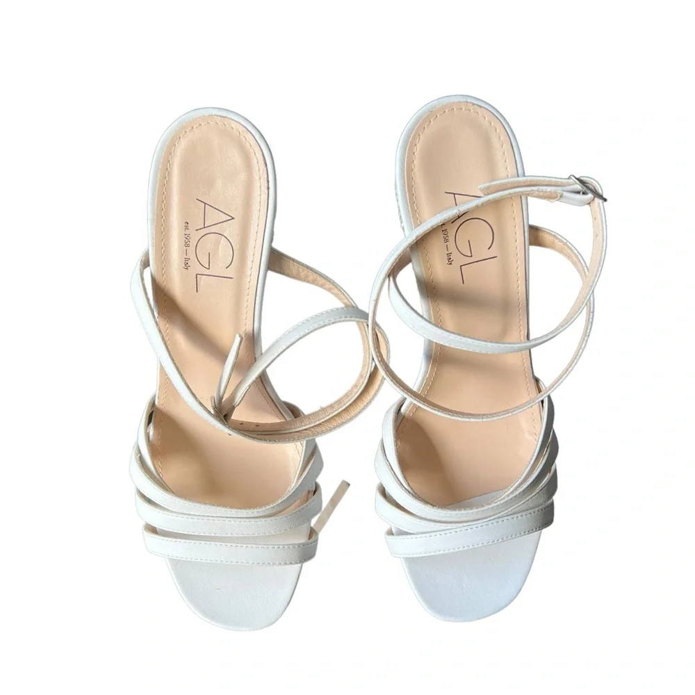 Agl Shoes Dora White Leather Ankle Strap Raffia Wedge Heel Sandals Women’s SZ 10